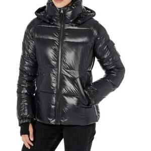 new S13 jet black glossy gloss Kylie hooded thick puffer jacket short coat